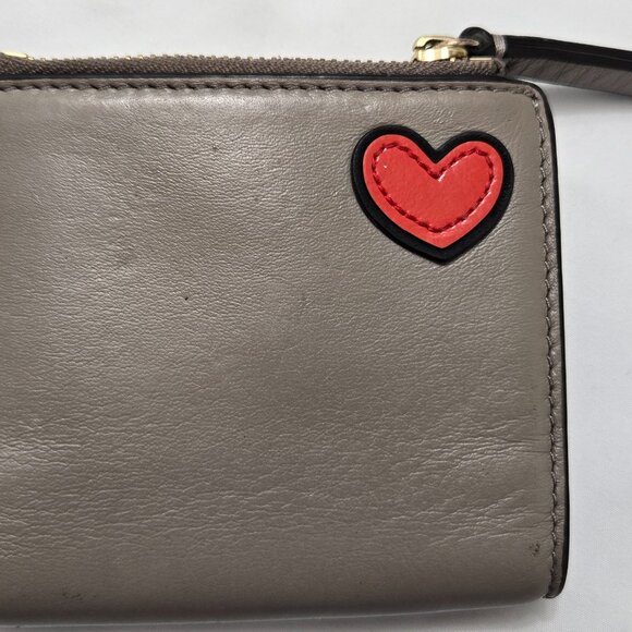 Tory Burch Gray Leather Wallet Peace Sign Heart Zip Coin - Picture 12 of 16